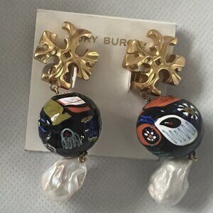 *NWT* Tory Burch Clip-On Roxanne Ceramic Pearl Drop Earrings